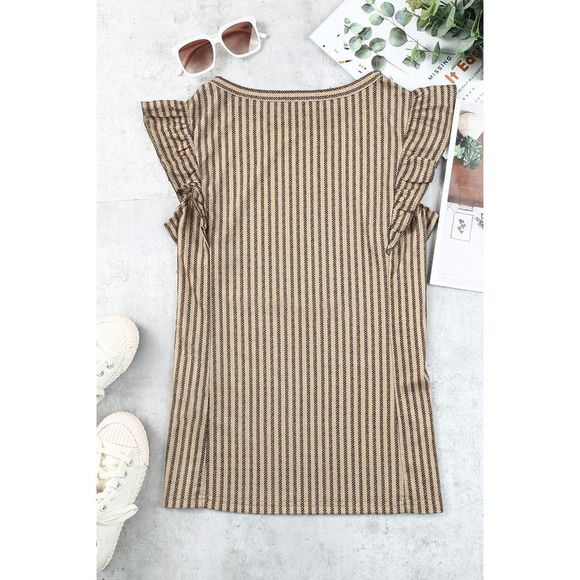 Azura Exchange  Khaki Striped Crew Neck Ruffled Tank Top - Picture 11 of 15